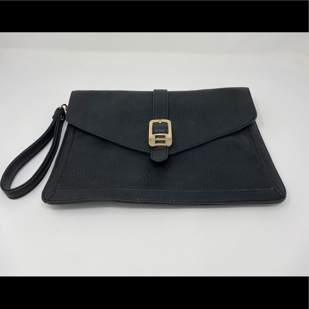 Black leather clutch with detachable wrist strap